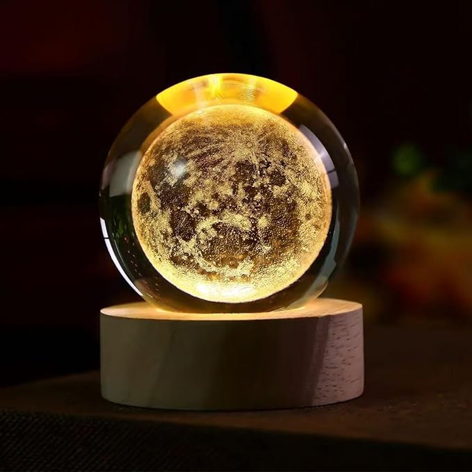 60mm 3D Crystal Ball Night Light, Galaxy Glass Sphere Lamp with 7 Color LED on Wooden Base, Crystal Globe Orb Light for Bedroom Decor, Celestial Space Birthday Gift for Teens Boys Girls (Moon)