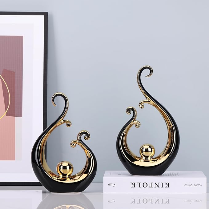 DOVDOV Abstract Ceramic Black Statue 2 Piece Set, Modern Art Black Gold Home Decor, Unique Home Decor, Coffee Table Bookshelf Room Shelf Coffee Table Console TV Stand Decor and Accessories.
