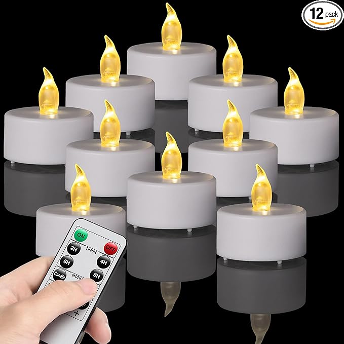 LED Tea Light Flameless Candles with Remote Control Flickering Tealight Long Lasting, Battery Operated with Timer for Halloween Home Decoration Seasonal &Festival Celebration WarmYellow (12pcs)