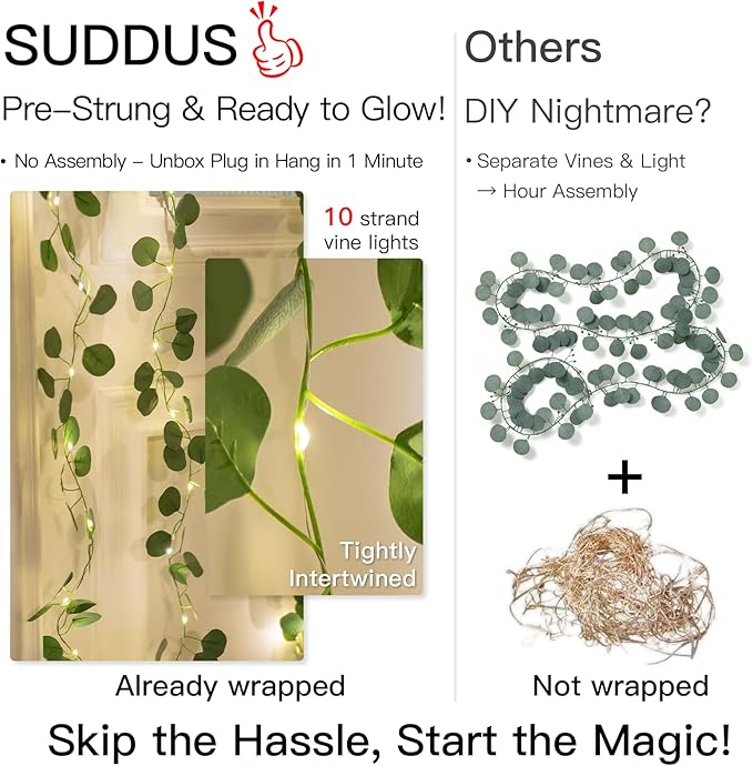 suddus 200 LED Vine with Light Plug in, 6.5ft x 6.5ft Eucalyptus Fairy Curtain Lights with Remote, Leaf Fairy Lights for Wall,Bedroom, Dorm, Wedding, Party, Indoor Decor(Warm White)