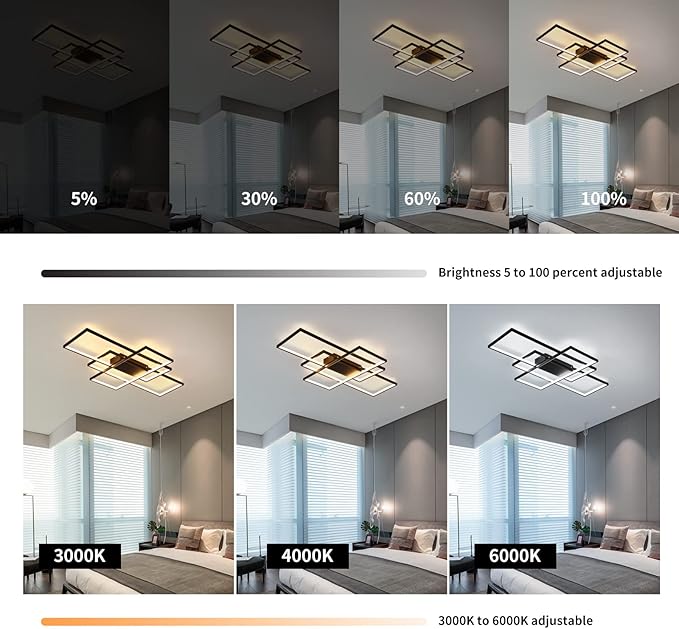 GEADI Modern Extra Large LED Ceiling Lights, Black Dimmable Rectangular Chandelier 68W Flush Mount Ceiling Lamp with Remote 3 Squares Ceiling Light Fixtures for Living Dining Room Kitchen, 41.3in