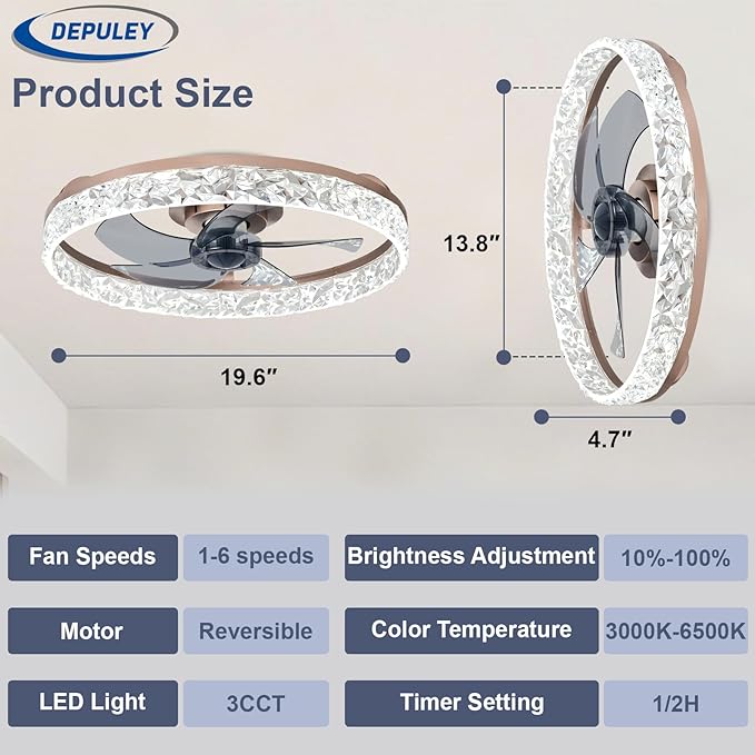 Depuley Bedroom Ceiling Fans with Lights: 20" Modern Low Profile Flush Mount Bladeless Ceiling Fan with App Remote Control - Brown Fandelier for Living Room Kitchen Dimmable Quiet DC Motor