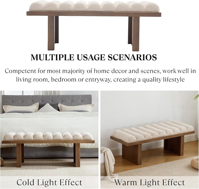 Modern Bedroom Bench, 47 Inch Upholstered End of Bed Bench Padded Entryway Bench with Cylindrical Cushion/Natural Wood Legs, Wooden Ottoman Bench for Living Room, Hallway, Linen Beige