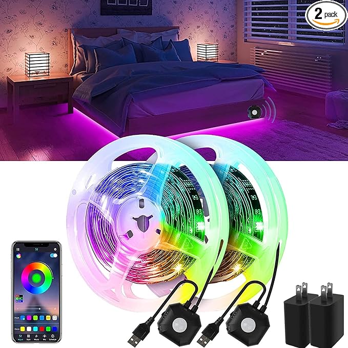 Motion Activated Under Bed Lights, 2x9.84ft 5050 RGB Color Changing LED Strip Lights with Sensor, APP Control and Music Sync, Dimmable Night Light for Bedroom Stair Christmas Decor