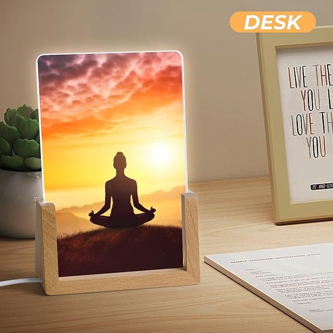 Night Light Acrylic Night Lights with USB Cables Yoga Meditation Acrylic Display Boards with Wooden Light Base Dimmable Night Lights for Home Bar Cafe Office 15.5x10.3cm