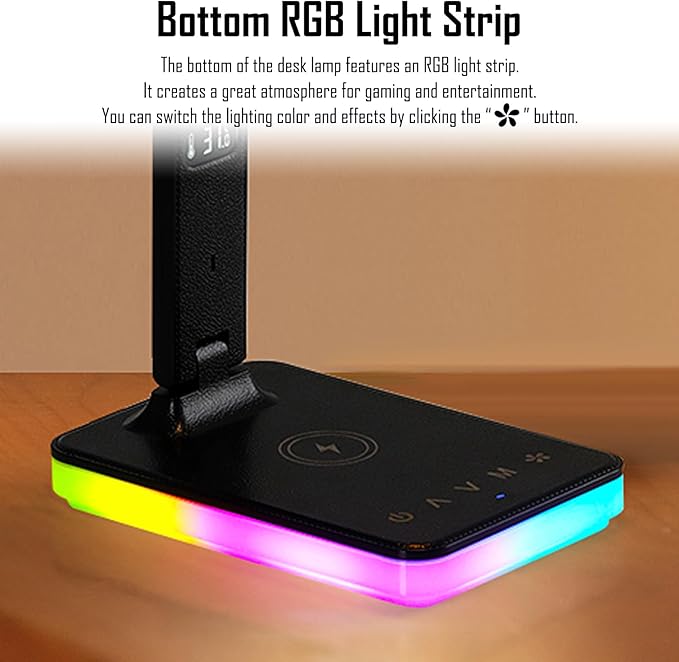 LED Desk Lamp with Wireless and Wired Charging, Foldable Table Light, 5 Brightness and 3 Lighting Modes, Time and Temperature Display, RGB Night Light, USB Powered (Double Head Black)