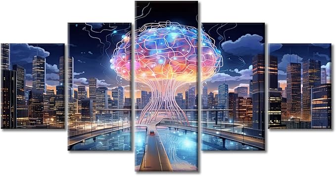 5 Panels Human Brain Energy Modern Wall Art Artificial Intelligence Concept Artwork Print On Canvas Bedroom Wall Art Human Brain Energy Pictures for Living Room Framed Ready to Hang, (60"Wx32"H)