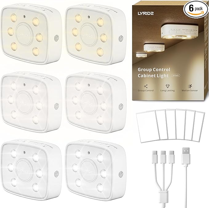 Lyridz Motion Sensor Under Cabinet Lights, Wireless Group Sync Stair Lights (6 Pack), 4000mAh Rechargeable Battery, 4 Color Temps & Dimmable, Magnetic Stick-on Night Light for Kitchen, Closet, Hallway