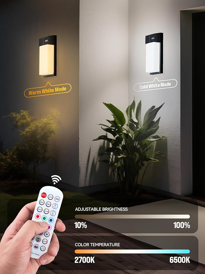 Outdoor Wall Light, Smart RGBICWW Porch Lights Outdoor, 1500LM Modern Wall Sconce with 30+ Scene Modes, Retome & APP Control, IP65 Waterproof Color-Changing DIY for Outdoor Decor, 2 Pack