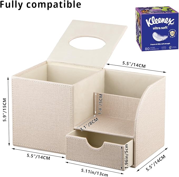 YAPISHI Square Tissue Box Cover with Storage Drawer, PU Leather Facial Tissues Cube Boxes Holder Modern Makeup Remote Control Holder, Nightstand Organizer Caddy for Bathroom Vanity, Office, Home Decor