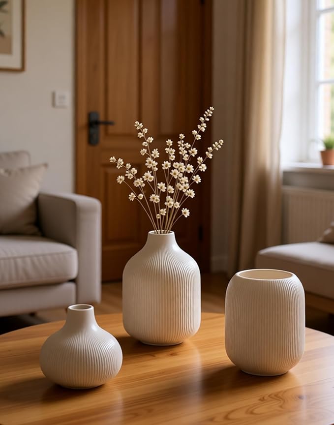 White Ceramic Vases for Decor, 3 Set Small Modern Minimalist Ribbed Vases Decorative for Table Shelf Decor Bookshelf Decoration Vase