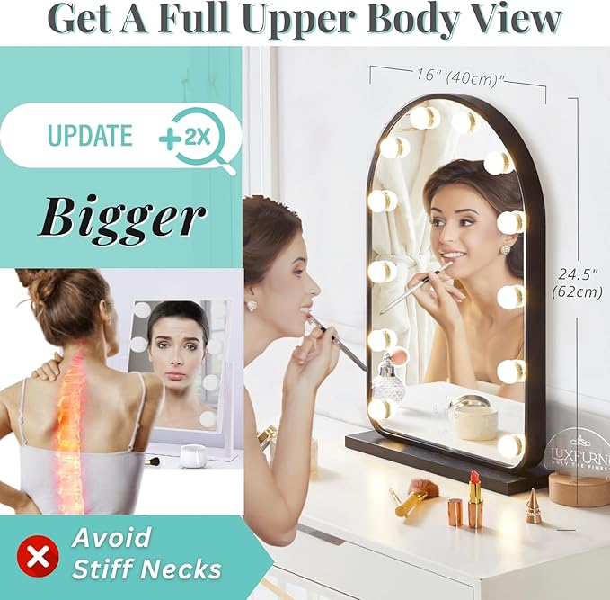 LUXFURNI Large Hollywood Vanity Mirror with Lights, Lighted Makeup Mirror with 12 Dimmable Bulbs Smart Touch Control 3 Color Lighting Modes(24.5" x 15.8" Black)