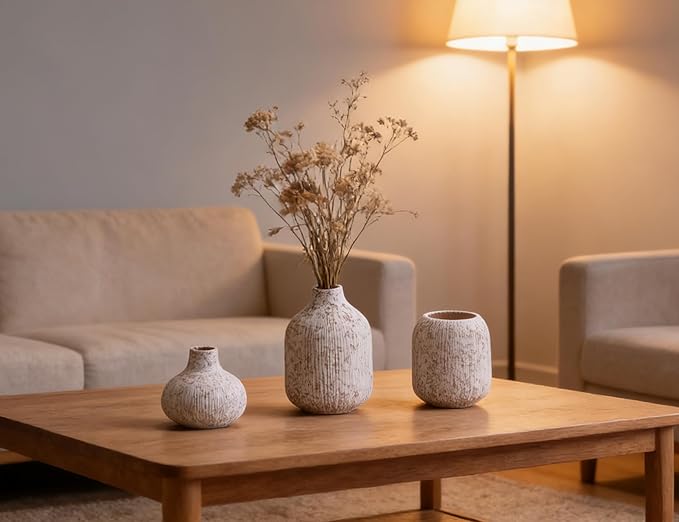 Modern Ceramic Vases Set 3, Stone Style Ribbed Vases Decorative for Table Shelf Decor Bookshelf Decoration