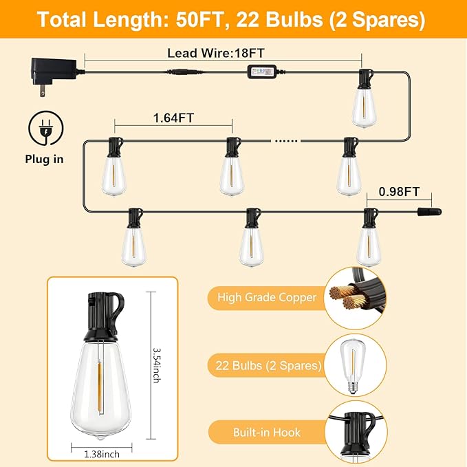 Smart Outdoor String Lights, 50FT ST38 LED Patio Lights with Timer Remote APP Control, 22 Shatterproof LED Bulbs (2 Spare), Dimmable Waterproof Hanging Light for Backyard Porch Party Decor
