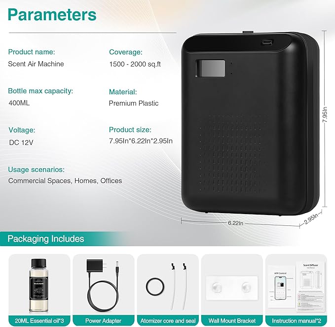 Scent Air Machine Starter Kit – Waterless Diffuser for Home & Commercial Use, Hotel Scent Diffuser Includes 100ml Essential Oil, WiFi/Bluetooth Control, 2000 sq.ft Coverage, Wall-Mount & Desktop