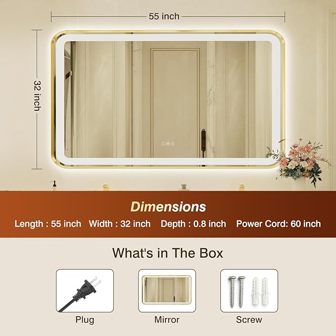 32x55 Inch LED Bathroom Mirror with Gold Frame,Front and Backlit Vanity Mirror,Tempered Glass,Stepless Dimmable Wall Mirrors with Anti-Fog, 3 Colors, Memory, Waterproof, LED Smart Bathroom Mirror