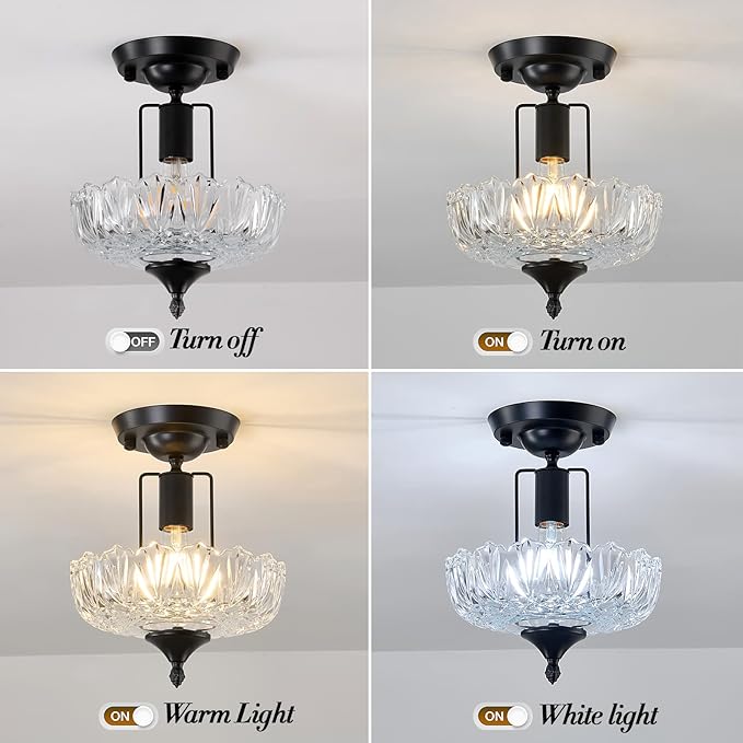 UOFUS Black Semi Flush Mount Ceiling Light Fixture with Clear Glass Shade Flower Small Chandelier Farmhouse Close to Ceiling Light for Hallway Entryway Bedroom Porch Foyer Corridor Kitchen