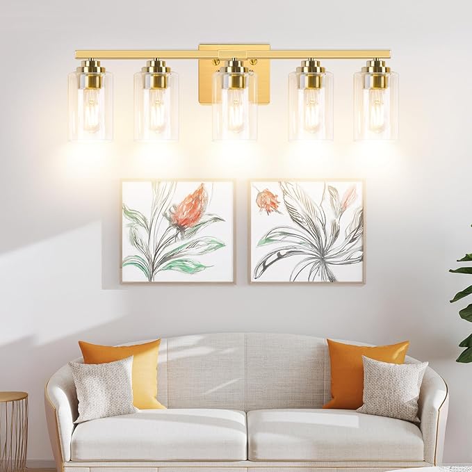 VerRon 5-Light Gold Bathroom Light Fixtures, 31" Modern Vanity Lights Over Mirror with Clear Glass Shades,Brushed Gold Wall Light Fixture for Bathroom Mirror Bedroom Porch, Hardwired Wall Sconces