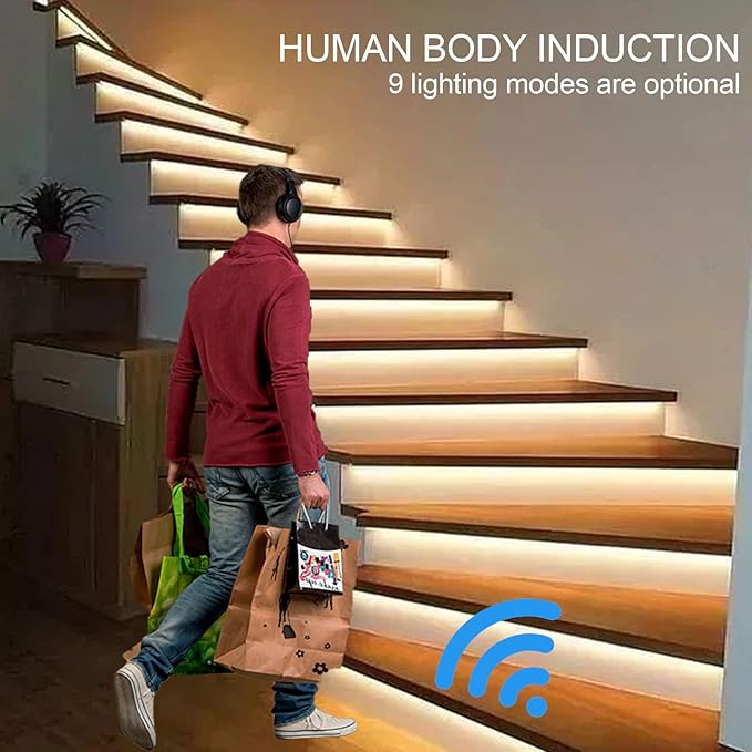 Indoor Motion Sensor Stair Light Controller Wired with 20'' Cuttable COB LED Light Strip Automatic Undermount Stairway Lighting System Cascading Step Light 9 Modes Adjustable for 10-16 Stairs