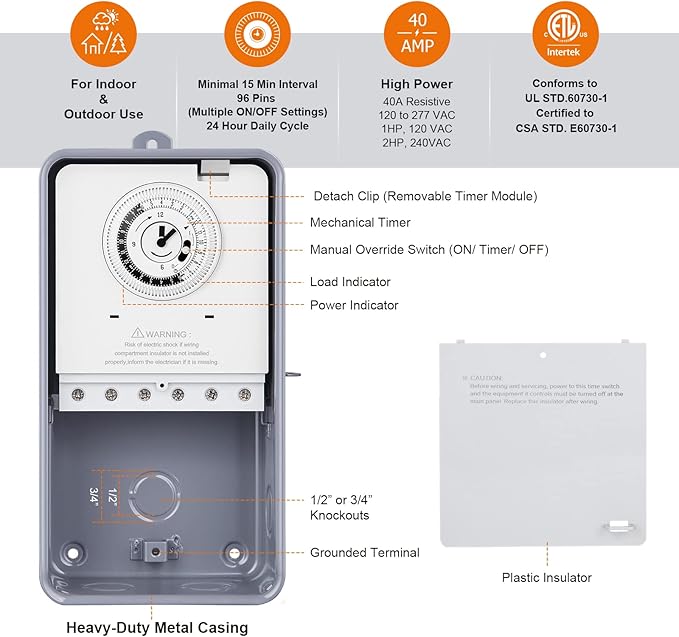 SURAIELEC Pool Timer, 24 Hour Mechanical Pump Timer, 40 AMP, 120, 240, 277 VAC, Outdoor Heavy Duty Metal Casing Pool Control, Electric Clock Switch Box for Pump, Water Heater, Spa, Hot Tub