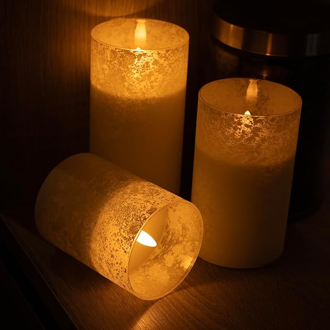 White Glass Flameless Candles Set of 3 (3"x4" 5" 6") – Battery Operated LED Pillar Candles with Remote and Timer, Flickering Electric Fake Candles for Home Wedding Decor