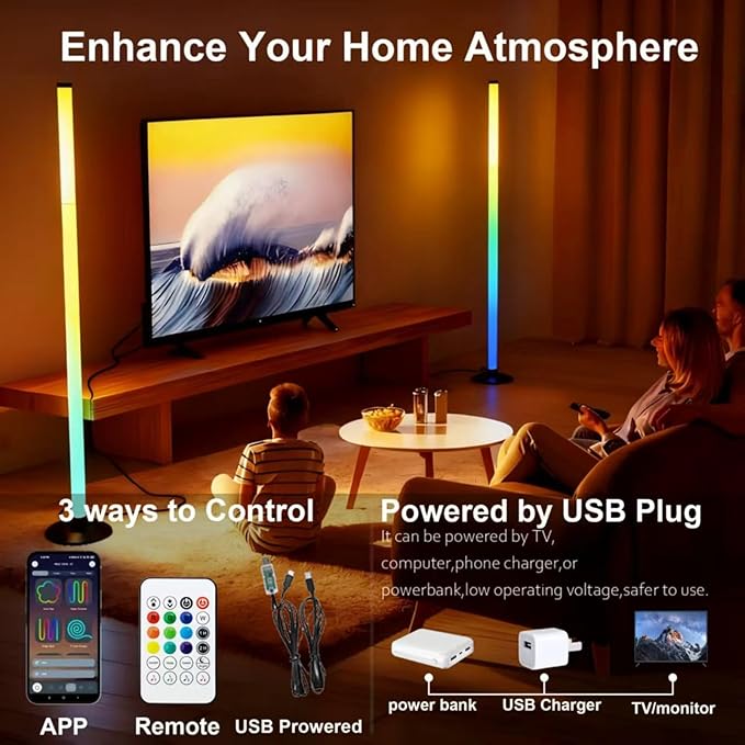 Led Corner Floor Lamp USB Powered, IC+RGBW Music Sync Color Changing Led Lamp with App & Remote Control, Timer Setting, Standing Lamps for Living Room Lamp Bedroom Gaming Party, 2 Pack