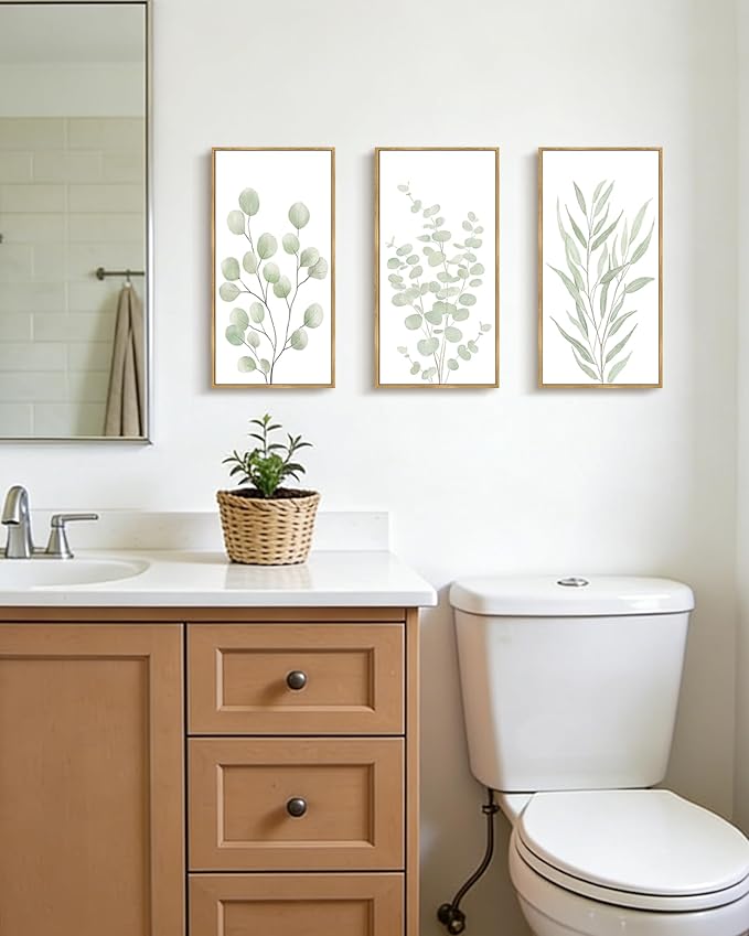 KUVIOKE Light Green Botanical Leaf Framed Wall Art Green Sage Eucalyptus Plant Illustrations Modern Artwork for Living Room Bedroom 8x16in3pcs Natural Framed