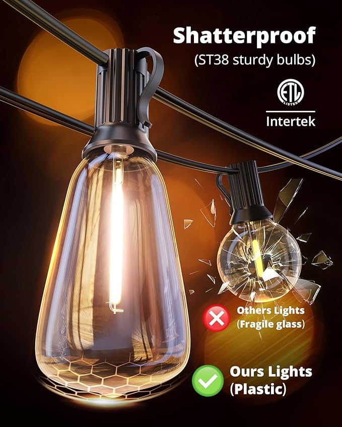 VIPAR Outdoor String Lights 30FT LED Patio Lights Waterproof with 13+1 Shatterproof ST38 Edison Bulbs, Connectable Outside Hanging Light for Porch, Garden, Backyard, Deck, Balcony, Decor, 2700K