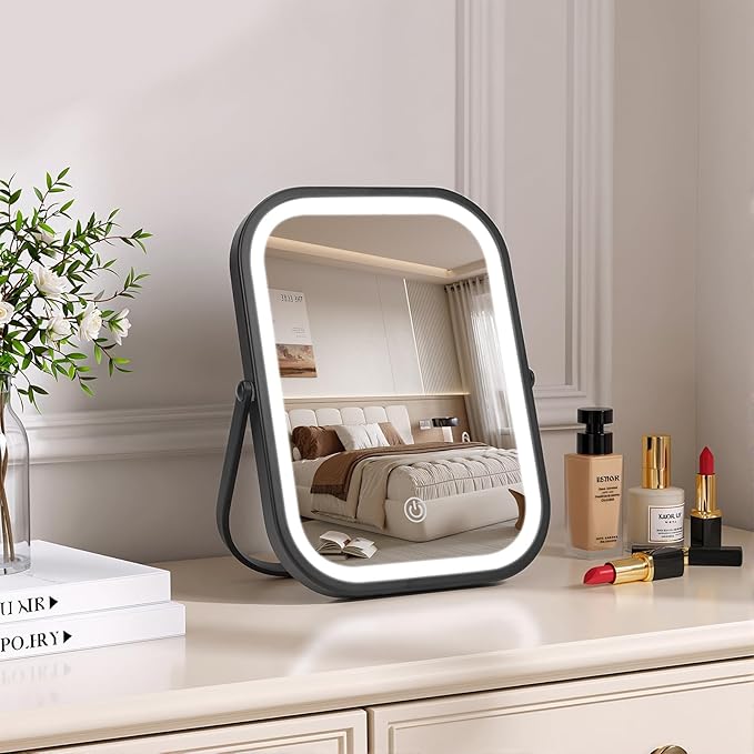 Rechargeable Travel Makeup Mirror, 8"×6" Small Vanity Mirror with Lights, 1500mAH Battery, 3-Color Lighting, Dimmable, 360° Rotation, Portable Desk Mirror with Storage Pouch, Travel Essentials (Black)