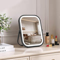 Rechargeable Travel Makeup Mirror, 8"×6" Small Vanity Mirror with Lights, 1500mAH Battery, 3-Color Lighting, Dimmable, 360° Rotation, Portable Desk Mirror with Storage Pouch, Travel Essentials (Black)