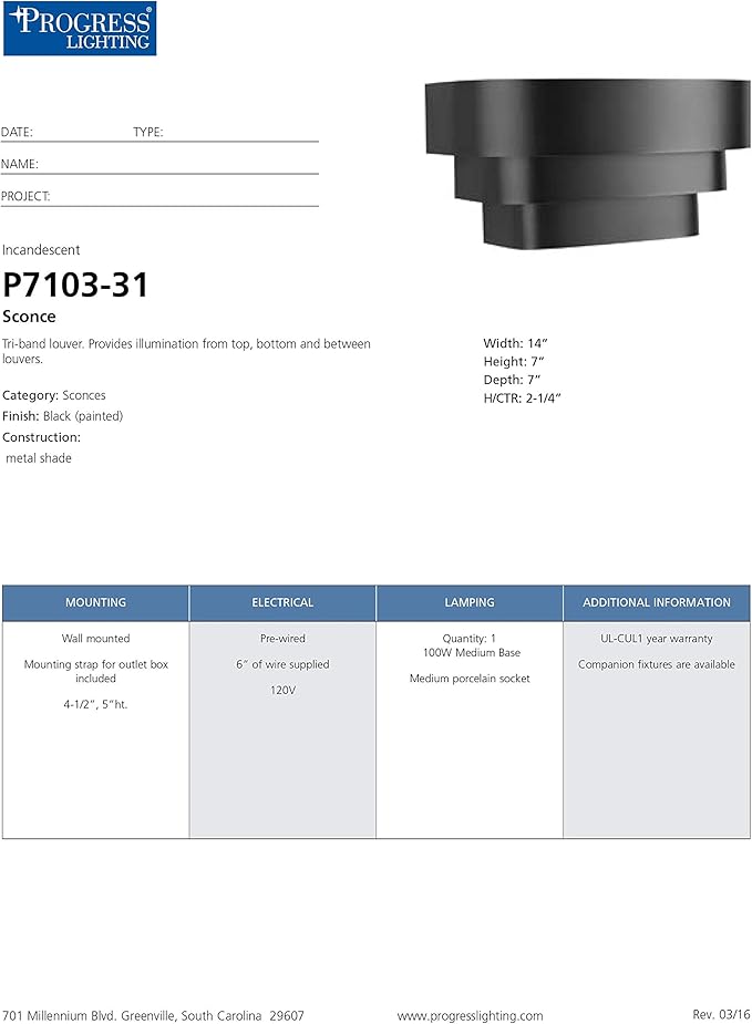 Progress Lighting 1-Light Louvered Wall Sconce Light Fixture, 7 in. Tall, Black, P7103-31