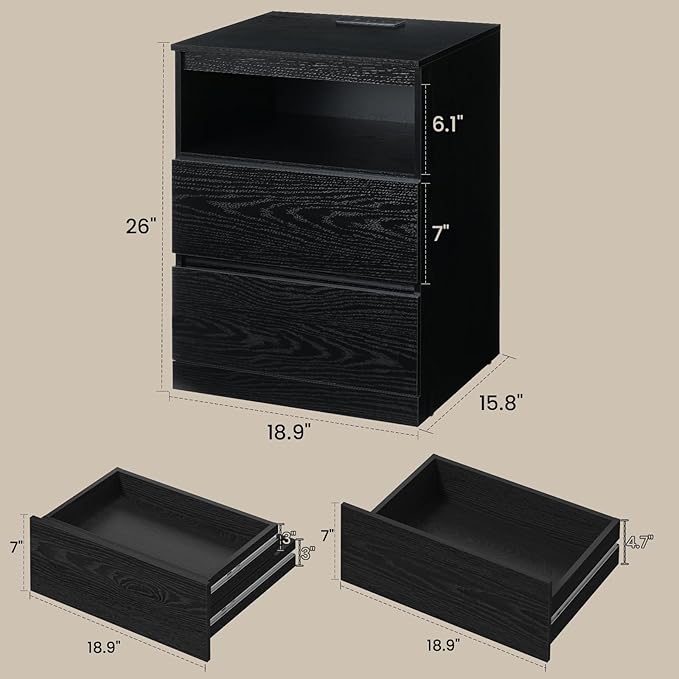 Nightstand with Charging Station and LED Light, 26" H with Hidden Drawer, 3 Drawers,Modern Night Stand for Bedroom, Black