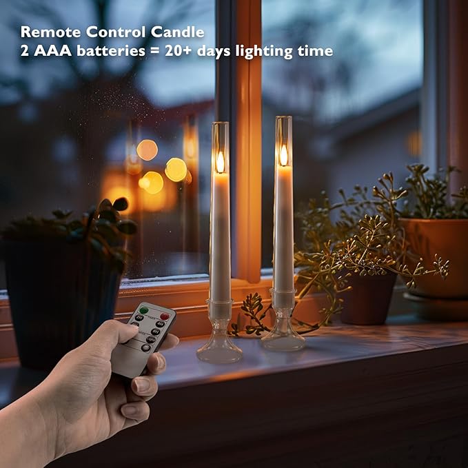 Homemory 6 Pcs Flameless Taper LED Candles with Remote and Timer, 3D Wick Flickering, Window Candles with 2 Light Modes, Battery Operated for Xmas Wedding Decor, 9.6 Inch