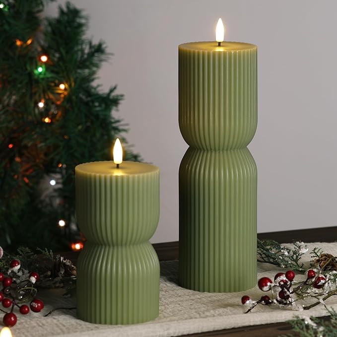 Olive Green Ribbed Flameless Pillar Candles with Remote, LED Candles Battery Operated Flickering Real Wax Set of 2