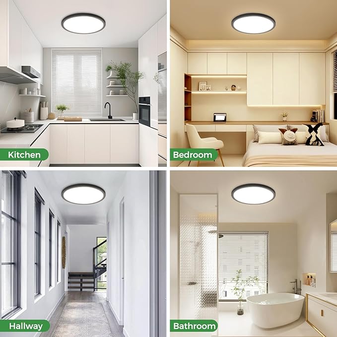 zemty 2Pack LED Flush Mount Ceiling Light, 12Inch 24W Dimmable Ceiling Lights Fixture, 5 Color Temperatures (3000K-6500K) Black Round Ceiling Lamp for Bedroom, Kitchen, Hallway,Bathroom