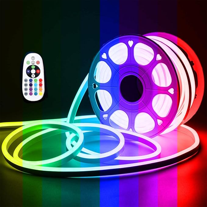 Aclorol 82FT RGB LED Neon Light Strip AC110V-130V LED Strip Light Outdoor Waterproof IP67 Dimmable Rope Light Color Changing with Remote Control for Bedroom Outdoor Garden Commercial Buliding 80Leds/M