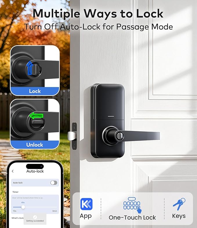 TEEHO TE019 Smart Keyless Entry Door Lock with Handle, App Control, Digital Electronic Keypad, Remote One-Time Code Sharing, Auto Lock & Passage Mode, for Bedroom & Rental, Matte Black