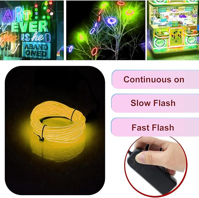 Ourbest 2Pack 5in1 Wearable led Wire Lights, el Wire Lights Battery Powered Party Cosplay Rope Lights 3Mode Stay/Slow/Fast Flash 6Ft(2 Battery Boxes Yellow)