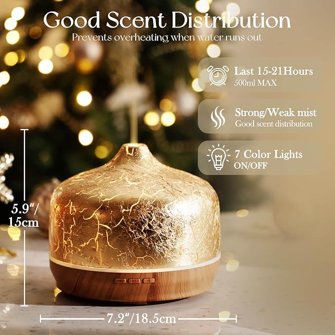 Porseme 500ml Glass Essential Oil Diffuser Aromatherapy Ultrasonic Cool Mist Humidifier 15-21 Running Hours Waterless Auto-Off Air Diffusers for Sleeping Yoga Working Spa(Gold Plated)