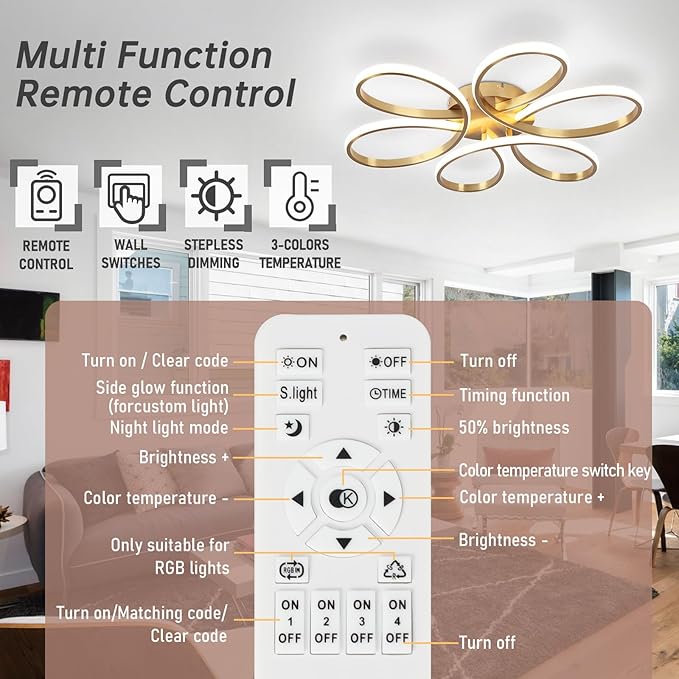 26inch Modern LED Ceiling Light, 6 Rings Flower Flush Mount Light Fixture with Remote Control Gold Dimmable Ceiling Lamp for Bedroom, Dining Room, Hallway, Kitchen