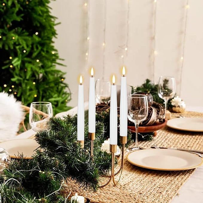 Flameless Taper Candles, Real Wax Flickering Taper Candles Battery Operated with 6H Timer, 4 Pcs White LED Flameless Candlesticks for Halloween Christmas Holiday Wedding Decor