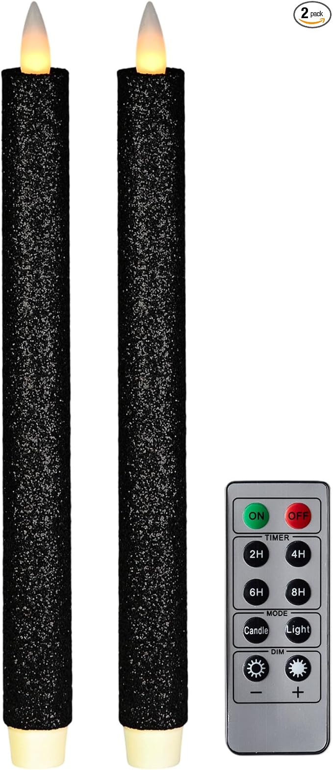 Flameless Taper Candles Flickering with Remote and Timer, 3D Moving Flame Taper Candle Battery Operated to 400 Hours, 9 Inch Window Candles, (Glitter Black)