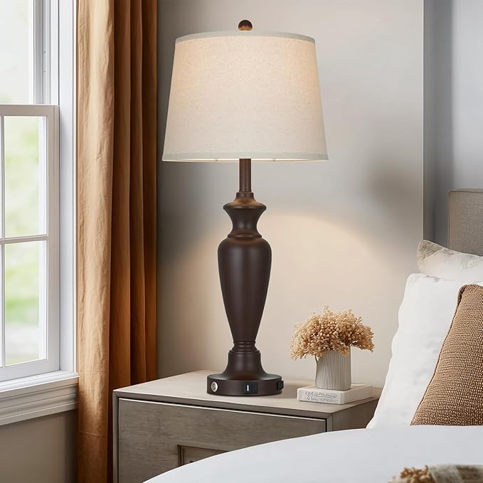 30" Tall Brown Table Lamp for Living Room, 3-Way Dimmable Touch Control Bedside Lamp for Bedroom Nightstand with USB A+C Ports & AC Outlet (1 Pack)