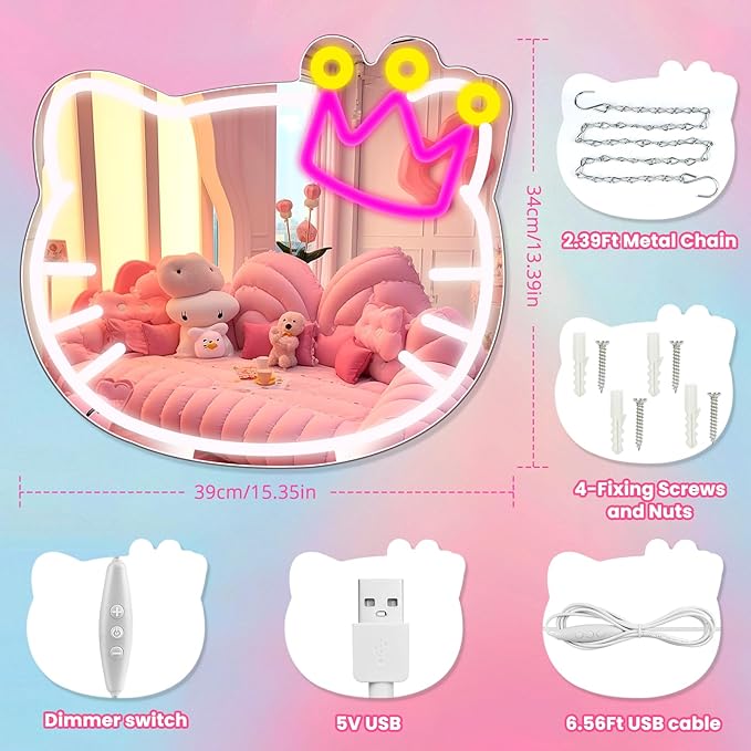 Anime Vanity Mirror with Neon Sign, 15.3 x 13.3 Inch USB Powered Makeup LED Mirror with Adjustable Brightness, Anime Style Room Wall Decor for Girls Teen Bedroom Women Children Gift Birthday Christmas