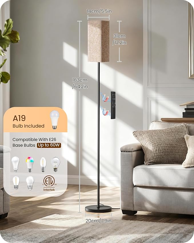 2Pack 64.2” Dimmable Floor Lamp for Living Room with Remote & Foot Switch, Corner Floor Lamp for Bedroom, Includes A19 Bulb, Modern Standing Tall Lamp, ETL Listed Beige and Black E17LDP205
