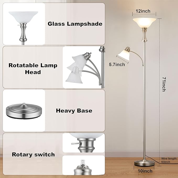 71'' Floor Lamps for Living Room, Tall Floor Lamp for Bedroom with Adjustable Angle Arc Reading lamp, Modern Torchiere Standing lamp with Glass Shade, Knob Switch, Bulb Included, Silver