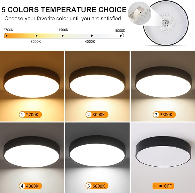 18 Inch Large Flush Mount Ceiling Light Fixture,5CCT Dimmable LED Ceiling Lights, Modern Black Round Lamp Fixture Living Room Bedroom Laundry Room Bathroom