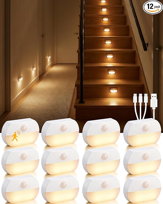 12 Pack Rechargeable Motion Sensor Stair Lights, Indoor Hallway Light, Portable Wireless Stick On Night Light, Battery Operated LED Lights for Staircase Closet Cabinet Toilet