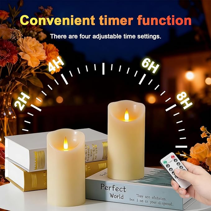 Rechargeable Flameless Candle, Realistic 3D Flickering Warm Flame, LED Candle with Remote Control & Timer for Holiday, Wedding, Patio and Home Decoration(Set of 2)