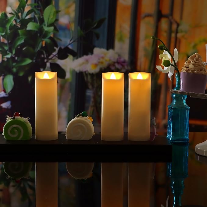 Battery Operated Flameless LED Pillar Candle with Remote Cycling Timer, Realistic Plastic Electric Tall Flickering Light for Indoor Outdoor Bookshelf Dinner Party Centerpiece Fireplace Decor Pack of 3